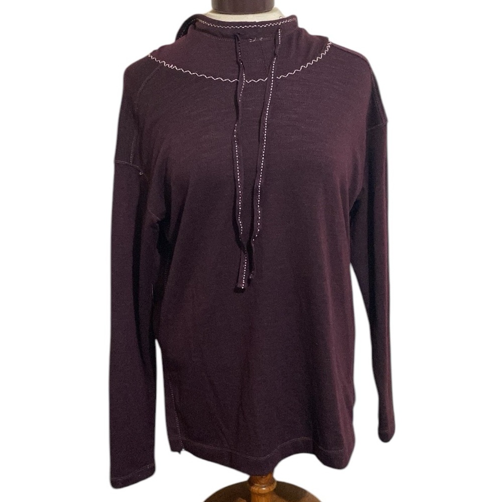 Max Studio Womens Burgundy Long Sleeve Drawstring Hoodie Side Slit Sweatshirt XS